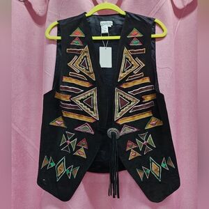 Accessory Lady Black Leather/Suede Embroidered Vest Sz M